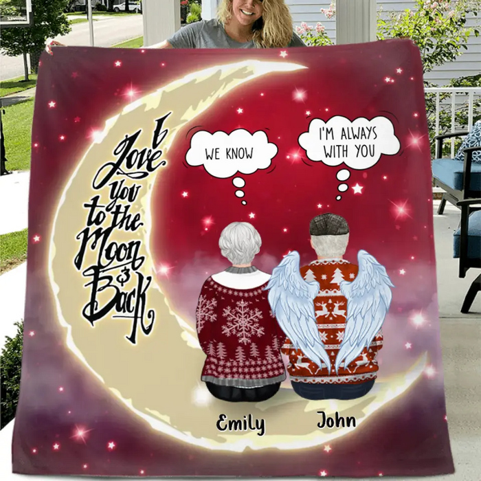 Personalized Memorial Pillow Cover/Fleece Throw Blanket/Quilt - Parents with up to 2 Children - Memorial Gift for Christmas - I Love You To The Moon & Back
