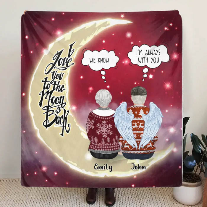 Personalized Memorial Pillow Cover/Fleece Throw Blanket/Quilt - Parents with up to 2 Children - Memorial Gift for Christmas - I Love You To The Moon & Back