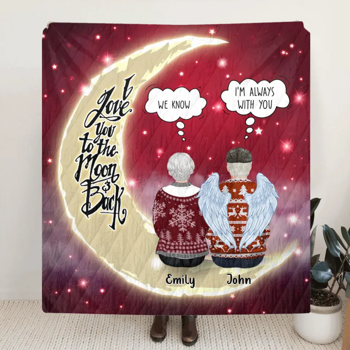 Personalized Memorial Pillow Cover/Fleece Throw Blanket/Quilt - Parents with up to 2 Children - Memorial Gift for Christmas - I Love You To The Moon & Back