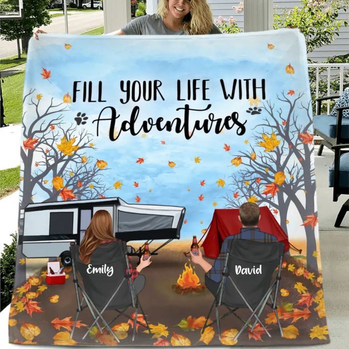 Personalized Autumn Camping Quilt/Fleece Throw Blanket - Couple/Parents With Up to 3 Kids And 3 Pets - Gift For Camping Lovers - Fill Your Life With Adventures