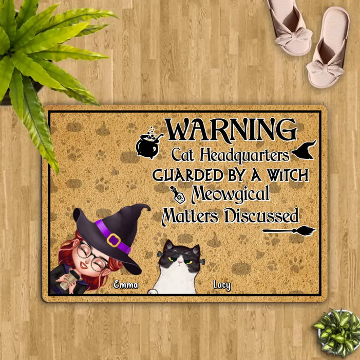 Personalized Witch Doormat - Halloween Gift For Dog/Cat Lovers - Adult/Couple With Up to 4 Pets - Warning Cat Headquarters Guarded By A Witch Meowgical Matters Discussed