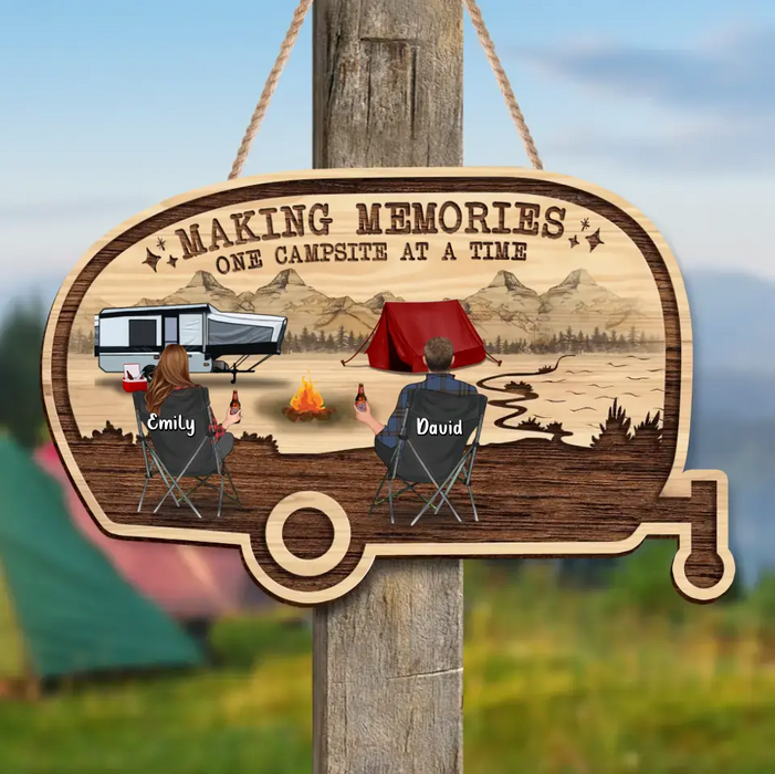 Personalized Camping Family Wooden Sign - Couple with Up to 2 Kids & 3 Pets - Making Memories One Campsite At A Time