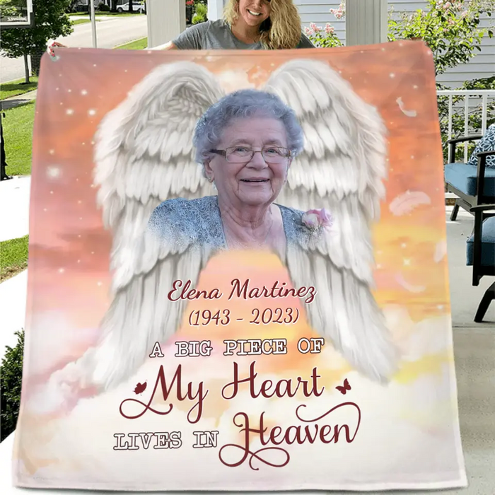 Personalized Memorial Photo Fleece Throw Blanket & Quilt - Memorial Gift Idea for Family - A Big Piece Of My Heart Lives In Heaven
