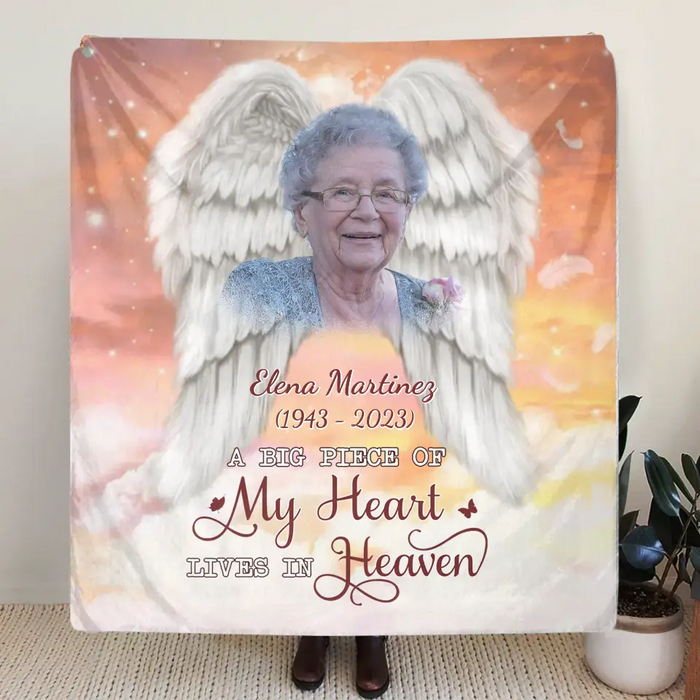 Personalized Memorial Photo Fleece Throw Blanket & Quilt - Memorial Gift Idea for Family - A Big Piece Of My Heart Lives In Heaven