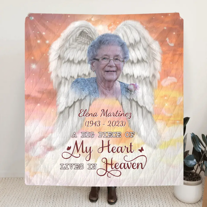 Personalized Memorial Photo Fleece Throw Blanket & Quilt - Memorial Gift Idea for Family - A Big Piece Of My Heart Lives In Heaven