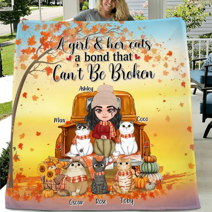 Personalized Cat Mom Fall Season Fleece Throw Blanket & Quilt - Gift Idea For Cat Lovers - Up To 5 Cats - A Girl & Her Cats A Bond That Can't Be Broken