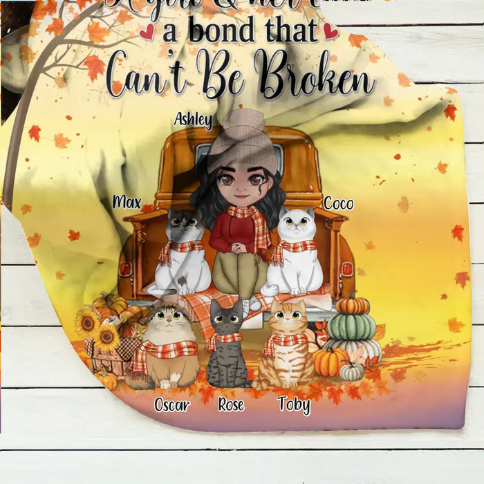 Personalized Cat Mom Fall Season Fleece Throw Blanket & Quilt - Gift Idea For Cat Lovers - Up To 5 Cats - A Girl & Her Cats A Bond That Can't Be Broken
