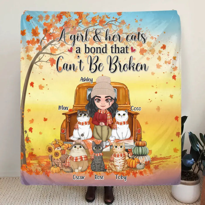 Personalized Cat Mom Fall Season Fleece Throw Blanket & Quilt - Gift Idea For Cat Lovers - Up To 5 Cats - A Girl & Her Cats A Bond That Can't Be Broken