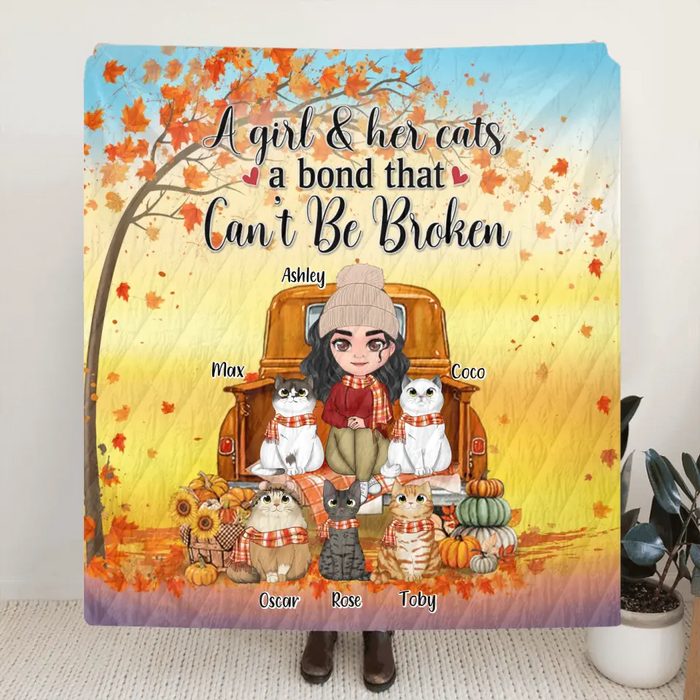 Personalized Cat Mom Fall Season Fleece Throw Blanket & Quilt - Gift Idea For Cat Lovers - Up To 5 Cats - A Girl & Her Cats A Bond That Can't Be Broken