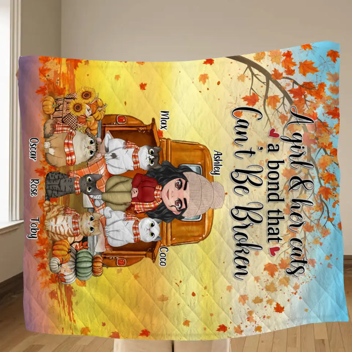 Personalized Cat Mom Fall Season Fleece Throw Blanket & Quilt - Gift Idea For Cat Lovers - Up To 5 Cats - A Girl & Her Cats A Bond That Can't Be Broken