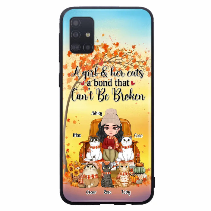 Custom Personalized Cat Mom Fall Season Phone Case - Gift Idea For Cat Owners - Upto 5 Cats -  Case For iPhone/Samsung - A Girl & Her Cats A Bond That Can't Be Broken
