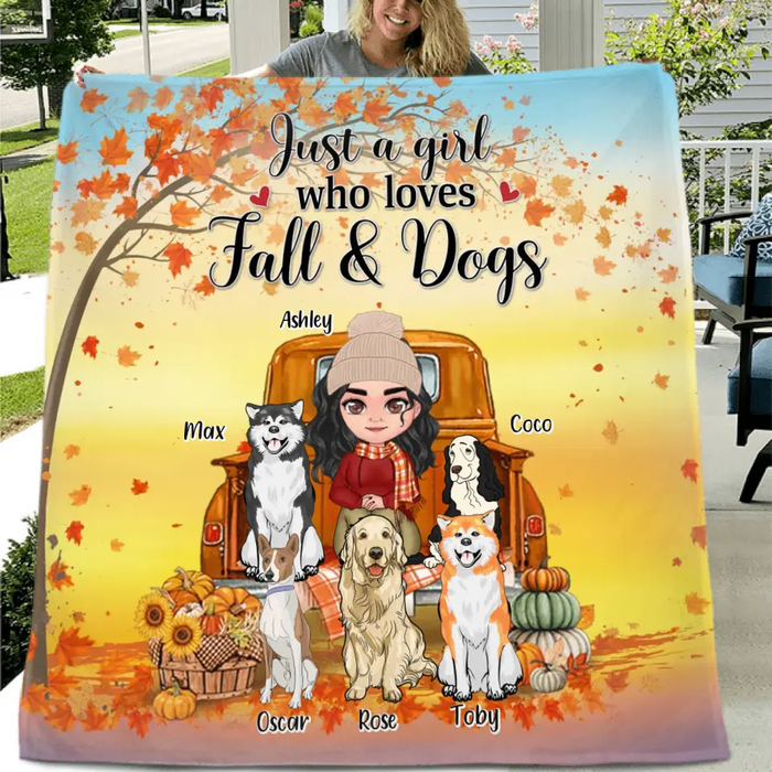 Personalized Dog Mom Fall Season Quilt/Fleece Throw Blanket - Gift Idea For Dog Lovers - Up To 5 Dogs - Just A Girl Who Loves Fall & Dogs