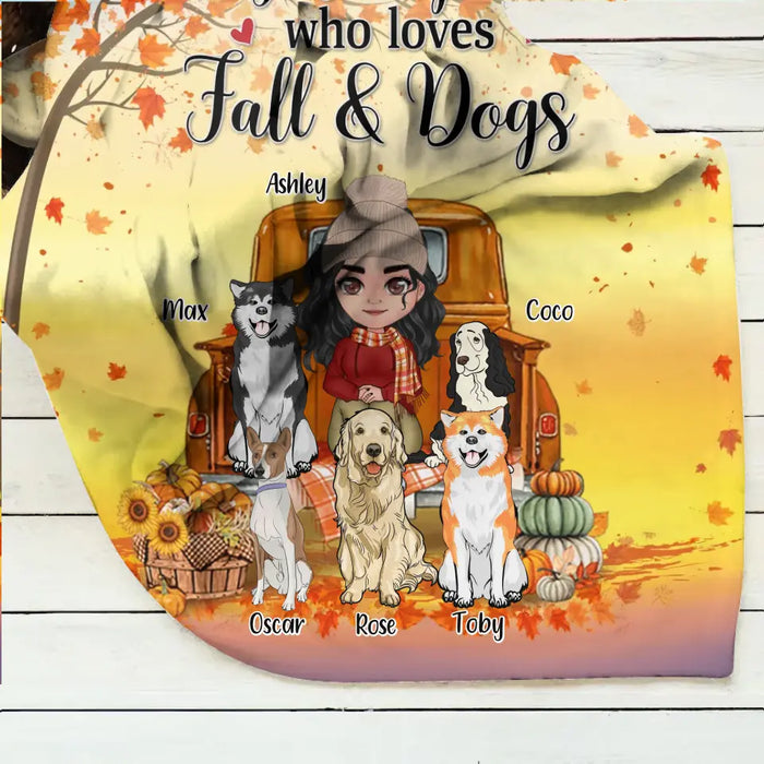 Personalized Dog Mom Fall Season Quilt/Fleece Throw Blanket - Gift Idea For Dog Lovers - Up To 5 Dogs - Just A Girl Who Loves Fall & Dogs