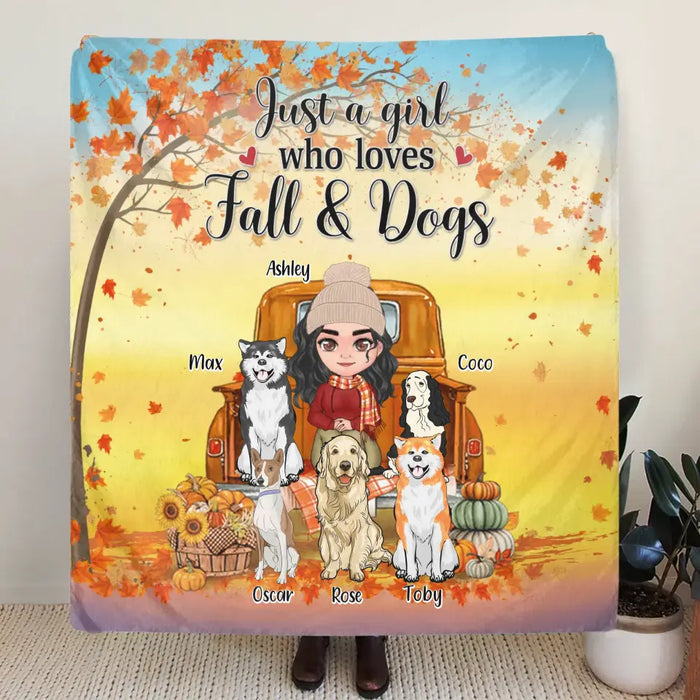 Personalized Dog Mom Fall Season Quilt/Fleece Throw Blanket - Gift Idea For Dog Lovers - Up To 5 Dogs - Just A Girl Who Loves Fall & Dogs