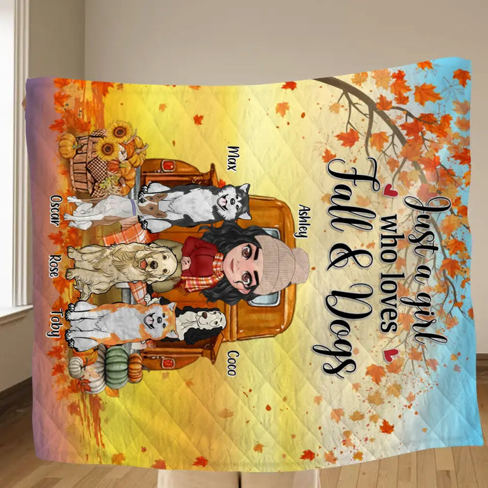 Personalized Dog Mom Fall Season Quilt/Fleece Throw Blanket - Gift Idea For Dog Lovers - Up To 5 Dogs - Just A Girl Who Loves Fall & Dogs