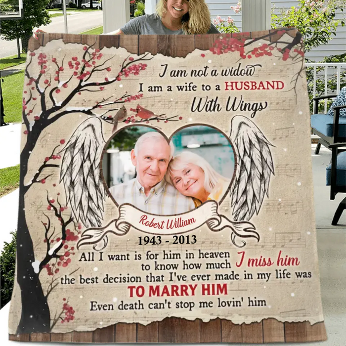 Custom Memorial Photo Fleece Throw Blanket/Quilt/Pillow Cover - Memorial Gift Idea for Family - I Am A Wife To A Husband With Wings