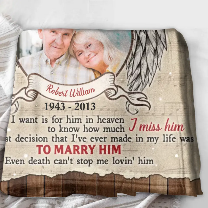 Custom Memorial Photo Fleece Throw Blanket/Quilt/Pillow Cover - Memorial Gift Idea for Family - I Am A Wife To A Husband With Wings