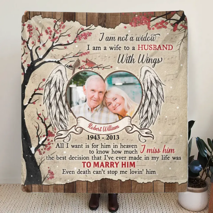 Custom Memorial Photo Fleece Throw Blanket/Quilt/Pillow Cover - Memorial Gift Idea for Family - I Am A Wife To A Husband With Wings
