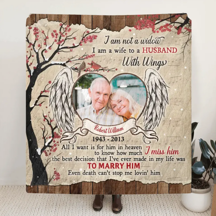Custom Memorial Photo Fleece Throw Blanket/Quilt/Pillow Cover - Memorial Gift Idea for Family - I Am A Wife To A Husband With Wings