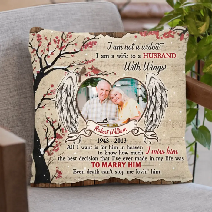 Custom Memorial Photo Fleece Throw Blanket/Quilt/Pillow Cover - Memorial Gift Idea for Family - I Am A Wife To A Husband With Wings