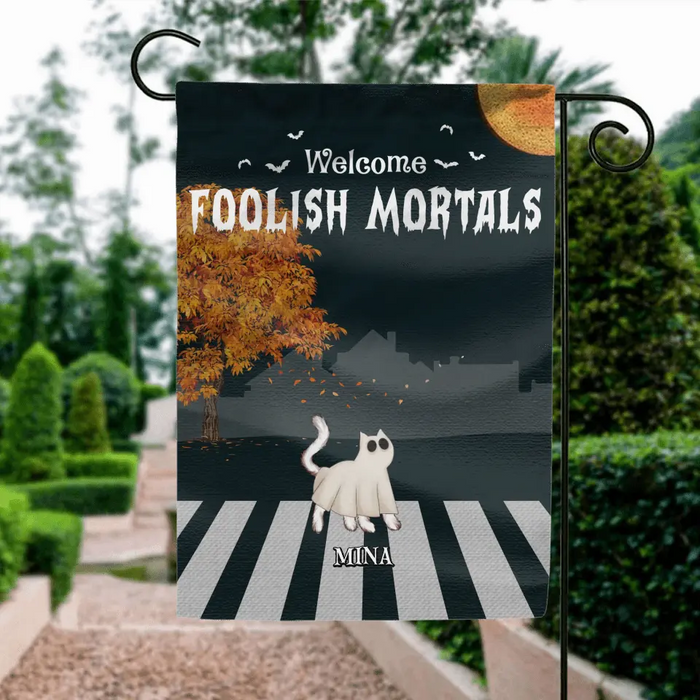 Personalized Halloween Cat Flag Sign - Gift Idea For Cat Lovers - Up to 6 Cats - Welcome Foolish Mortals
