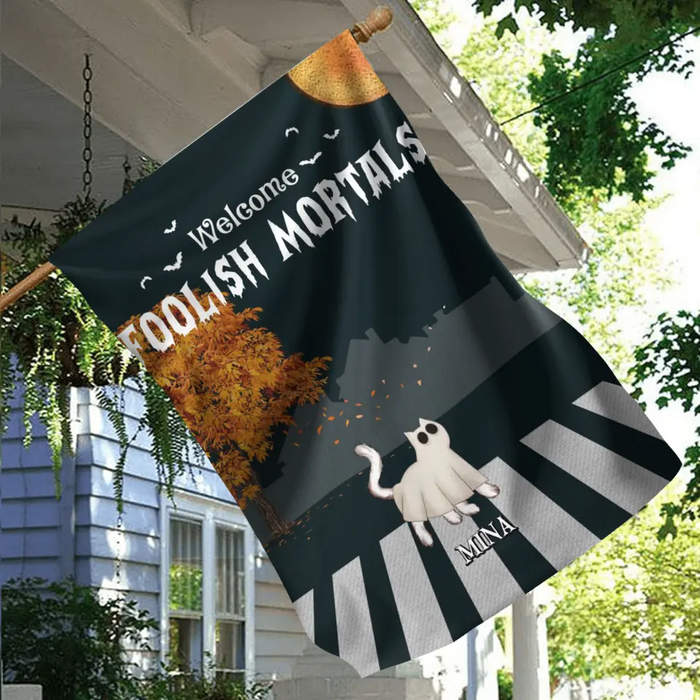 Personalized Halloween Cat Flag Sign - Gift Idea For Cat Lovers - Up to 6 Cats - Welcome Foolish Mortals
