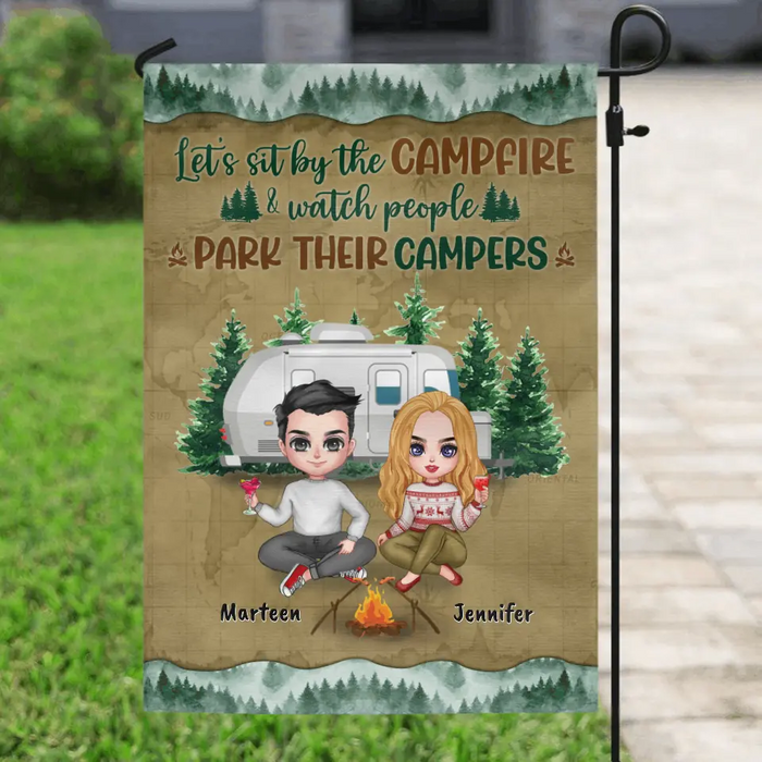 Personalized Camping Couple And Dog Flag Sign - Couple With Up to 2 Dogs - Gift Idea For Couple - Let's Sit By The Campfire