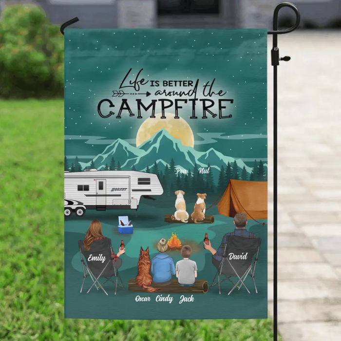 Personalized Night Camping Garden Flag Sign - Best Gift For Camping Family/Couple/Single Parent/Solo - Up to 4 Kids and 3 Pets - Life Is Better Around The Campfire