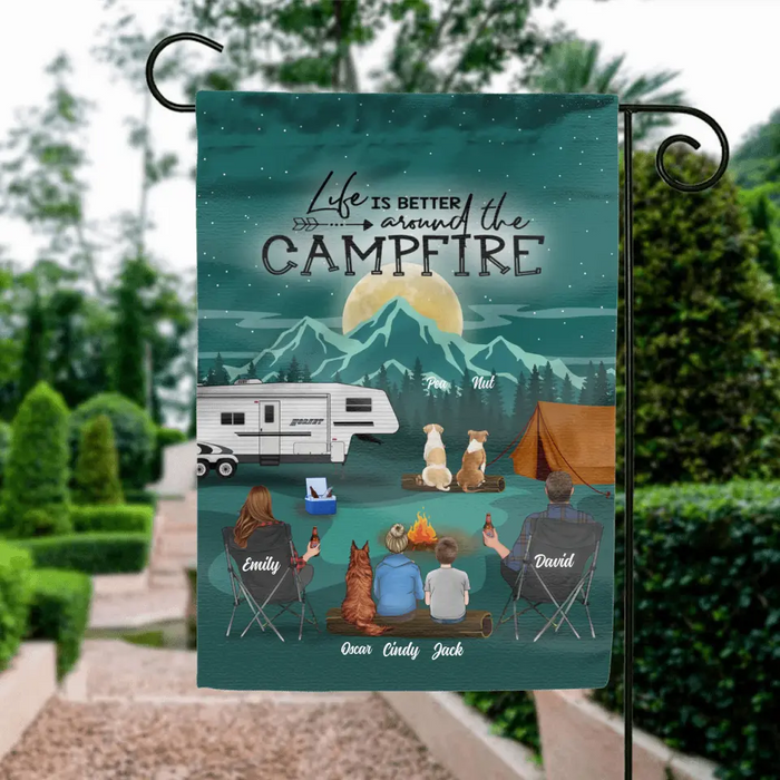 Personalized Night Camping Garden Flag Sign - Best Gift For Camping Family/Couple/Single Parent/Solo - Up to 4 Kids and 3 Pets - Life Is Better Around The Campfire