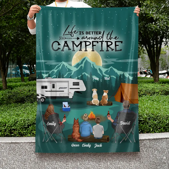 Personalized Night Camping Garden Flag Sign - Best Gift For Camping Family/Couple/Single Parent/Solo - Up to 4 Kids and 3 Pets - Life Is Better Around The Campfire