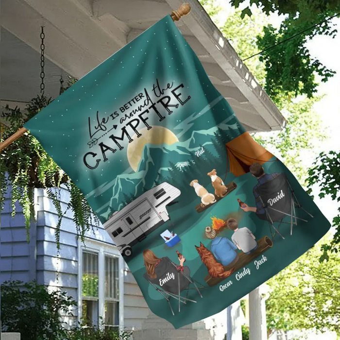 Personalized Night Camping Garden Flag Sign - Best Gift For Camping Family/Couple/Single Parent/Solo - Up to 4 Kids and 3 Pets - Life Is Better Around The Campfire