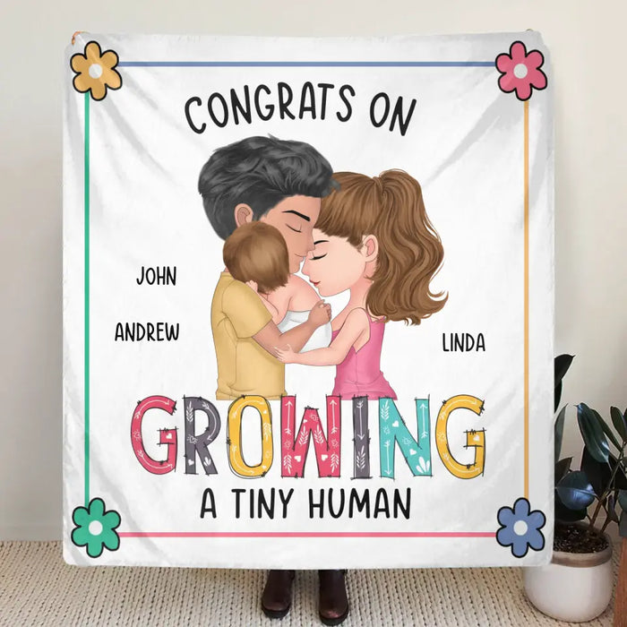 Personalized Family Pillow Cover/Fleece Throw Blanket/Quilt Blanket - Gift Idea For Parents & Baby - Congrats On Growing A Tiny Human