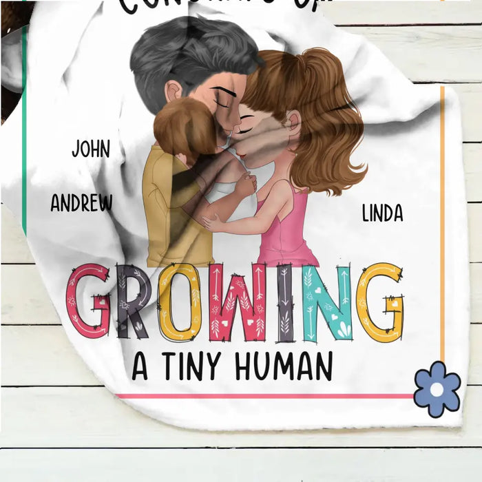 Personalized Family Pillow Cover/Fleece Throw Blanket/Quilt Blanket - Gift Idea For Parents & Baby - Congrats On Growing A Tiny Human