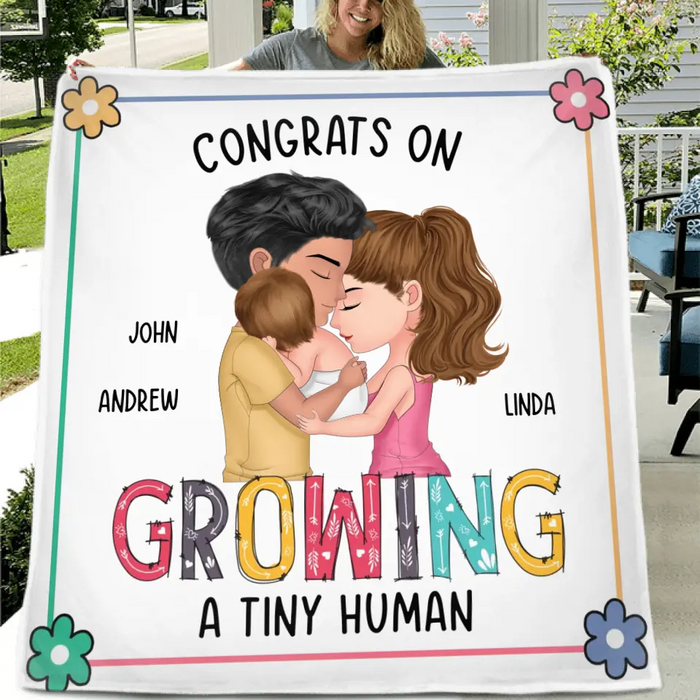 Personalized Family Pillow Cover/Fleece Throw Blanket/Quilt Blanket - Gift Idea For Parents & Baby - Congrats On Growing A Tiny Human