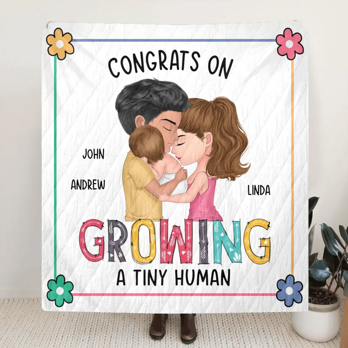 Personalized Family Pillow Cover/Fleece Throw Blanket/Quilt Blanket - Gift Idea For Parents & Baby - Congrats On Growing A Tiny Human