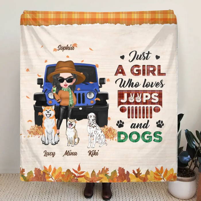 Personalized Off-road Autumn Girl Fleece Throw Blanket/Quilt - Gift Idea For Girl/Dog Lovers - Up to 3 Dogs - Just A Girl