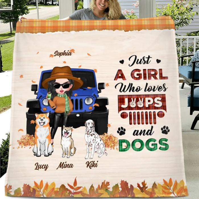 Personalized Off-road Autumn Girl Fleece Throw Blanket/Quilt - Gift Idea For Girl/Dog Lovers - Up to 3 Dogs - Just A Girl