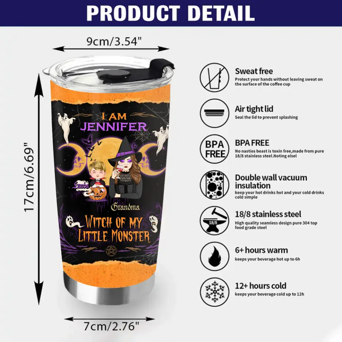 Personalized Grandma & Grandkid Witch Tumbler - Halloween Gift For Grandkid - Up to 4 Kids - I Am Witch Of My Little Monsters
