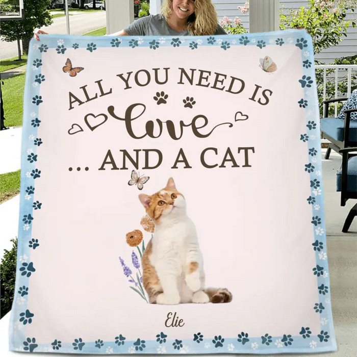 Personalized Cat Photo Fleece Throw Blanket & Quilt - Gift Idea For Cat Lover - All You Need Is Love And Cats