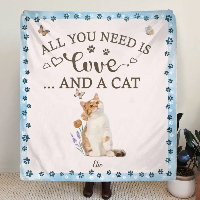 Personalized Cat Photo Fleece Throw Blanket & Quilt - Gift Idea For Cat Lover - All You Need Is Love And Cats
