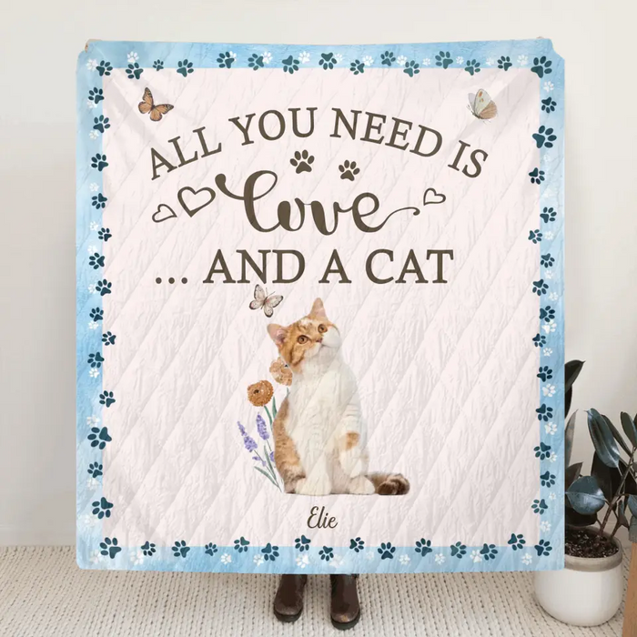 Personalized Cat Photo Fleece Throw Blanket & Quilt - Gift Idea For Cat Lover - All You Need Is Love And Cats