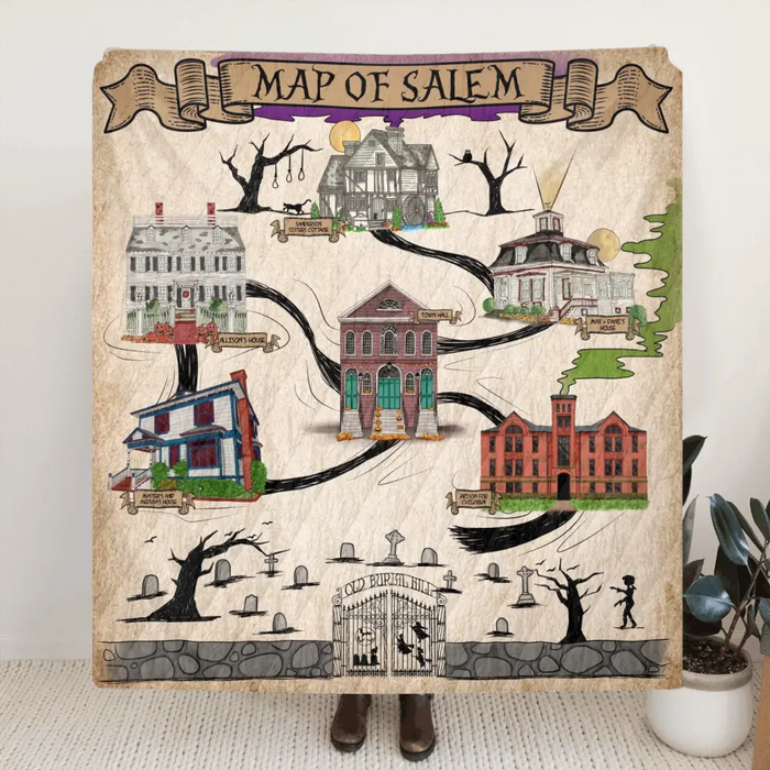 Personalized Map Of Salem Fleece Throw Blanket & Quilt - Halloween Gift Idea