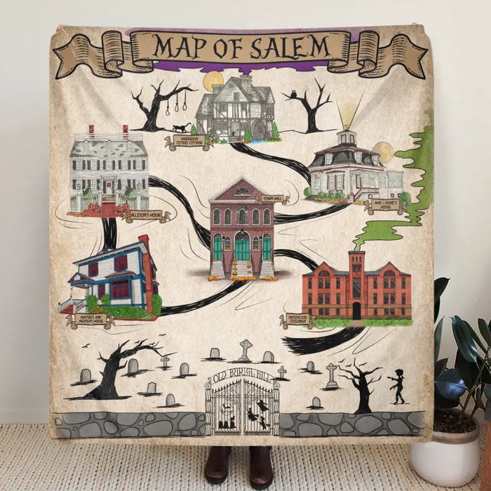 Personalized Map Of Salem Fleece Throw Blanket & Quilt - Halloween Gift Idea