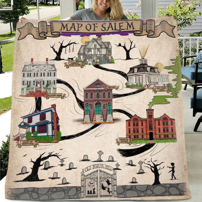 Personalized Map Of Salem Fleece Throw Blanket & Quilt - Halloween Gift Idea