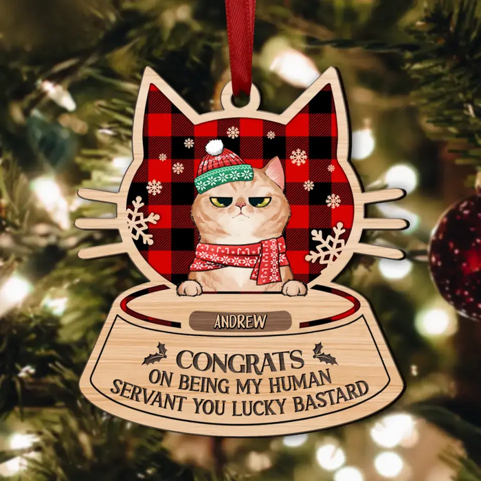 Personalized Christmas Cat Wooden Ornament - Christmas Gift Idea For Cat Lover - Congrats On Being My Human Servant You Lucky Bastard