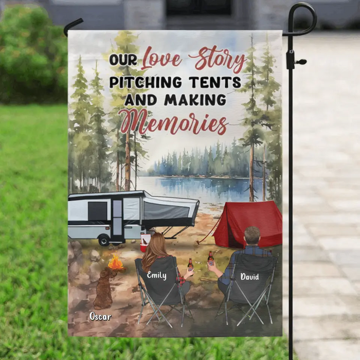 Personalized Camping Flag Sign - Best Gift For Camping Lovers - Up to 4 Pets - Our Love Story Pitching Tents And Making Memories