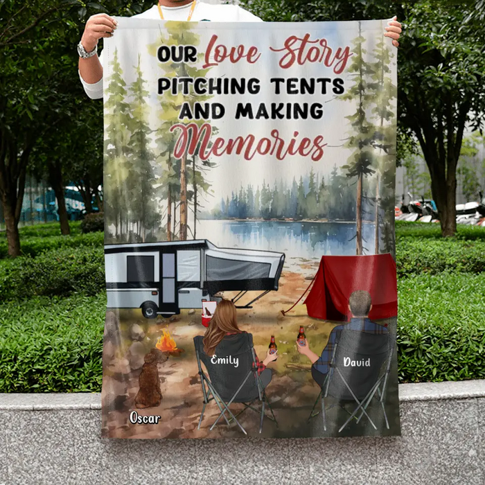 Personalized Camping Flag Sign - Best Gift For Camping Lovers - Up to 4 Pets - Our Love Story Pitching Tents And Making Memories