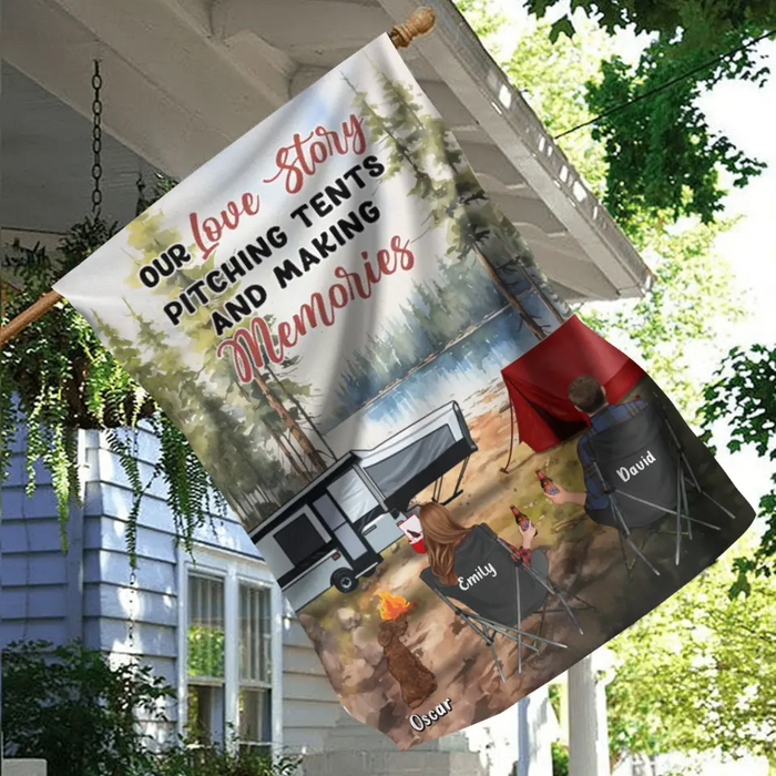 Personalized Camping Flag Sign - Best Gift For Camping Lovers - Up to 4 Pets - Our Love Story Pitching Tents And Making Memories