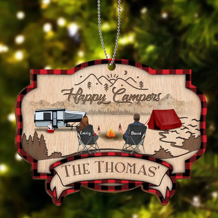 Personalized Camping Wooden Ornament - Couple/Parents With Up to 2 Kids And 3 Pets - Christmas Gift Idea For Camping Lovers - Happy Campers