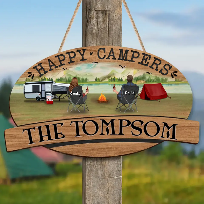 Personalized Couple Camping Wooden Sign - Gift Idea For Camping Lovers - Couple/ Up to 3 Kids & 3 Pets